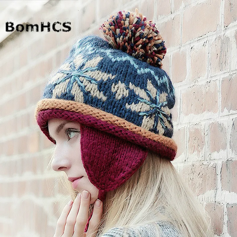 BomHCS 100% Handmade Ethnic Style Crochet Mosaic Parquet Beanie Knitted Hat Women\'s Winter Warm Cap