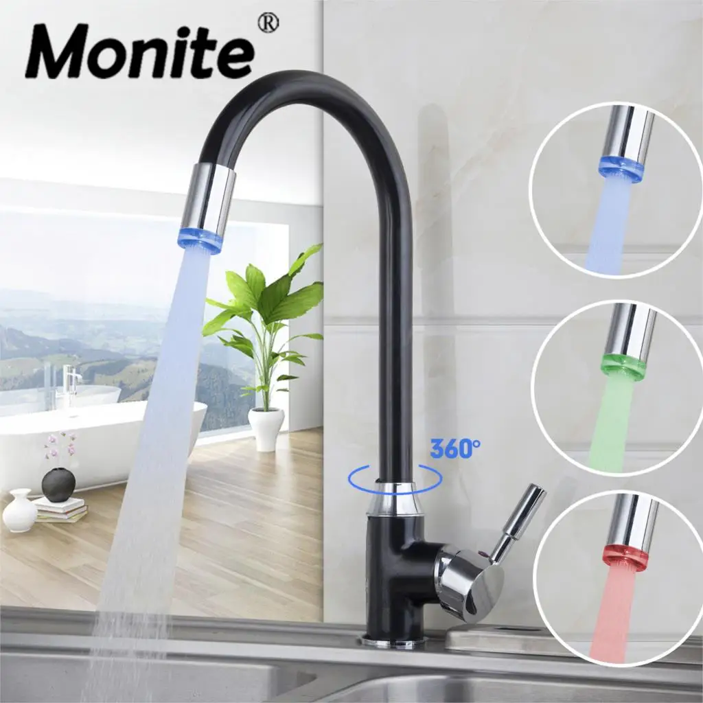 Monite Black LED Light Polished Chrome Swivel Kitchen Faucet Tap Deck Mounted 1 Hole Bathroom Faucets Mixer Tap Basin Tap