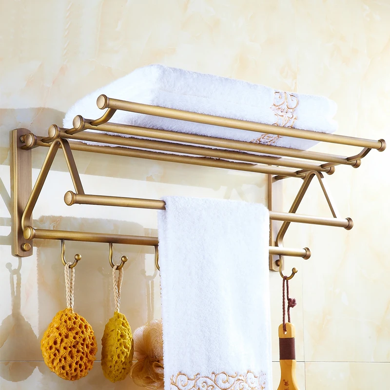 2 Style European Antique Brass bathroom shelves towel racks vintage, Fashion storage rack shelf with hooks wall mounted 55cm