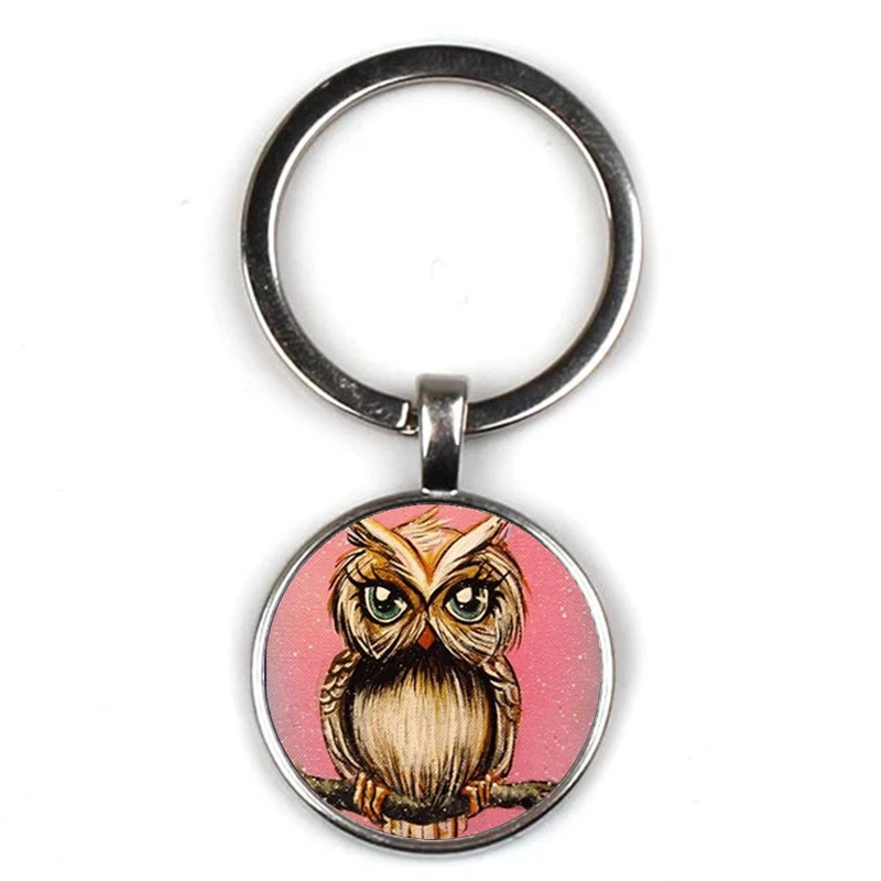 Fashion Cute Owl Art Pattern Keychain Concave Glass Pendant Key Ring Charm Men and Women Children Key Chain Gift Party Souvenir