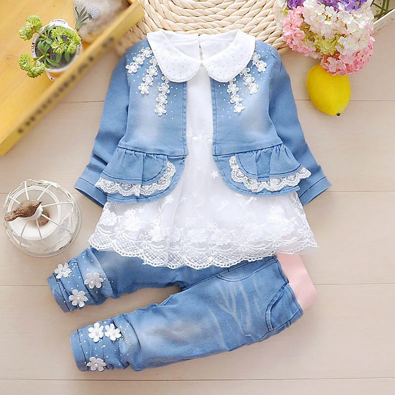 Spring Autumn Infant Toddler Baby Girl Denim Clothing Sets 3 pcs Long Sleeve T Shirt Tops Denim Jacket and Jeans Trousers