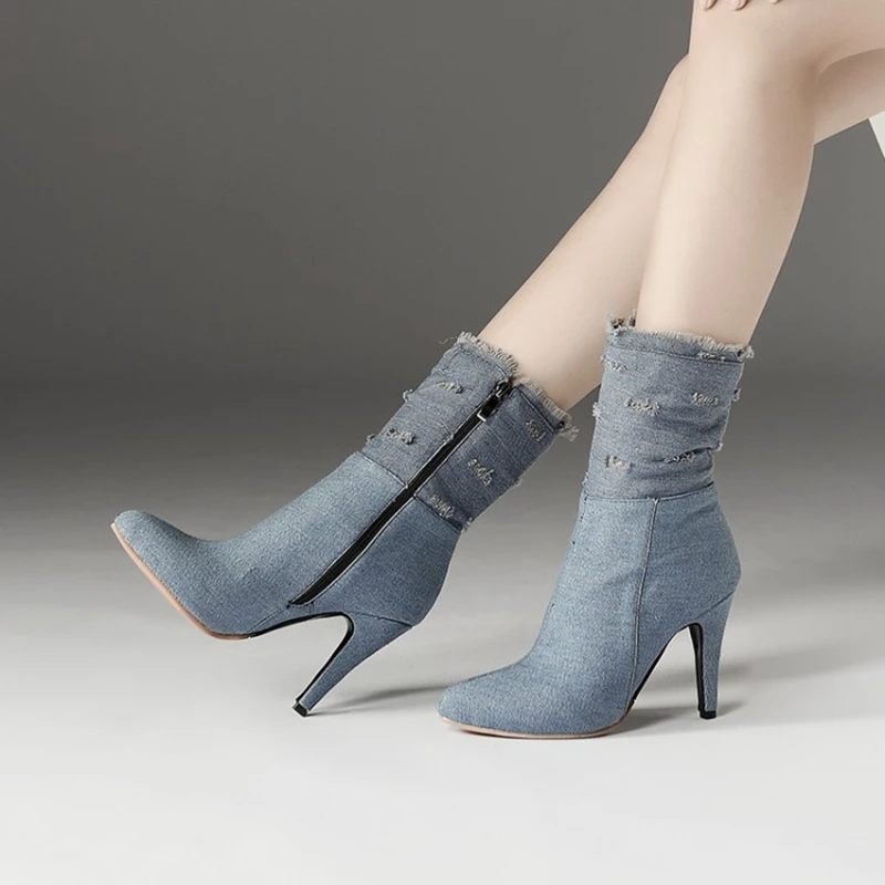 BLXQPYT Plus Big & Small Size 28-50 Denim  boot short Pointed Toe Women Autumn winter High Heels Wedding Shoes Woman Y72