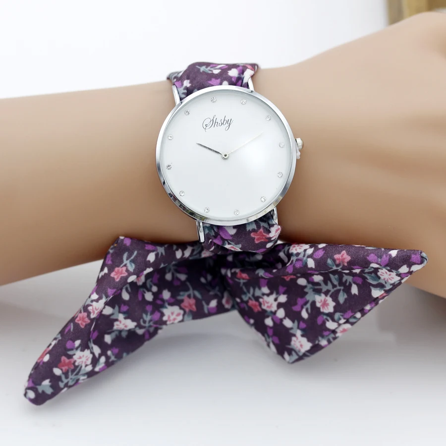 Shsby reloj de pulsera de tela de flores para mujer, diamantes de imitación plateados, reloj de vestir para mujer, reloj de tela de alta calidad, reloj de pulsera para niña dulce