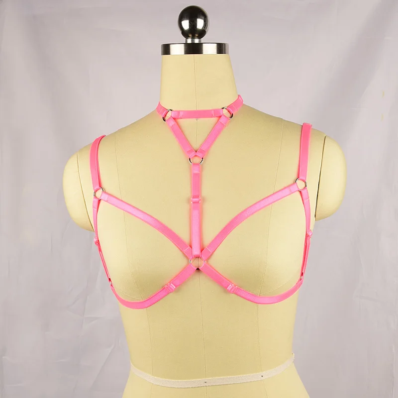 

Colorful Open Chest Cage Bra Multicolored Body Harness Belt 90's Fetish Wear Bodysuit Pole Dance Costumes O0334