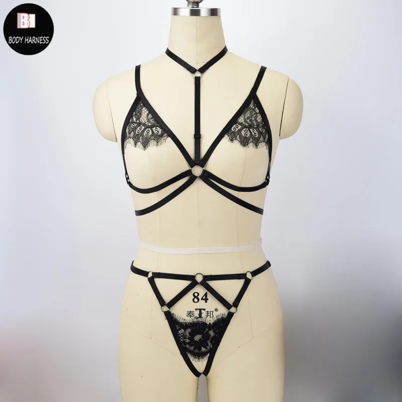 

Harness Bondage Black Lace Cage Sexy Lingerie Set Fetish Rave Body Harness Sheer Cage Bra Perspective Open Crotch G-string