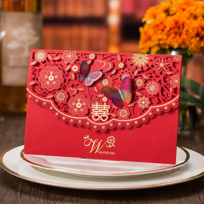 

50Pcs/Lot Red Hollow Laser Cut Wedding Invitations Butterfly Decor Inviting Cards For Event Party Supplies Casamento Decoration