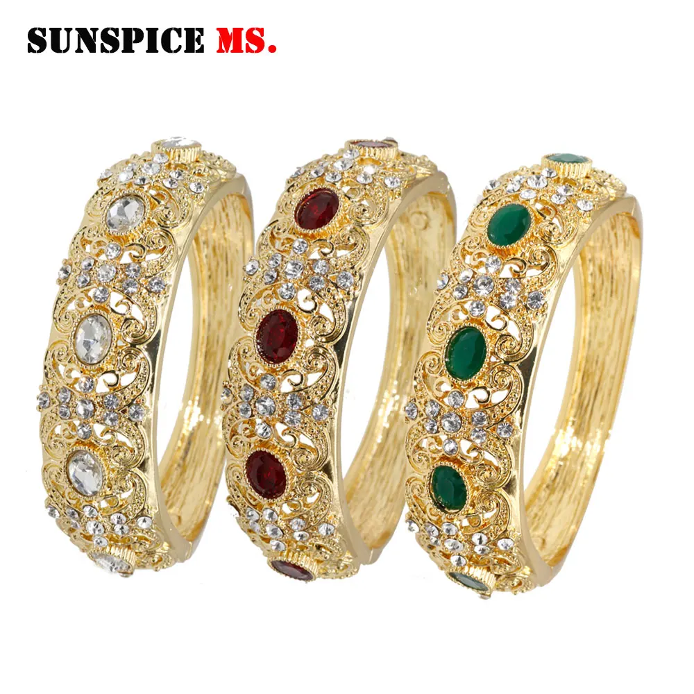 Gold Color Morocco Rhinestone Bangles For Women Arabic Ethnic Resin Open Cuff Bracelet Dubai Bridal Wedding Jewelry