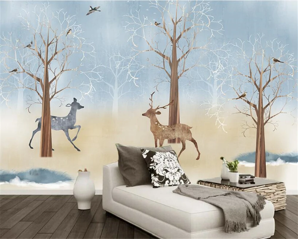 beibehang Modern fashion senior interior painting wall paper hand-painted sika deer bedroom background wall 3d wallpaper tapety