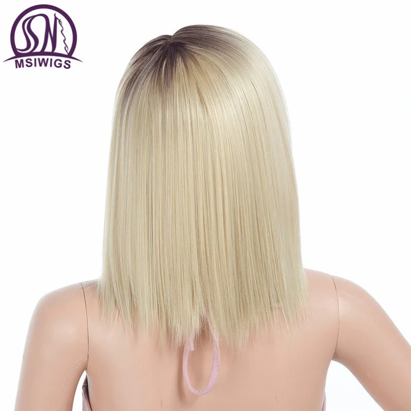 MSIWIGS Black Blonde Short Straight Wigs Synthetic Women Wig Grey Light Root Natural Ombre Hair Wig Heat Resistant