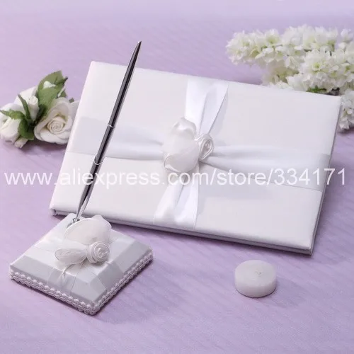 Free Shipping new arrival cross tied flower  Wedding Guest Book and Pen Set 1013