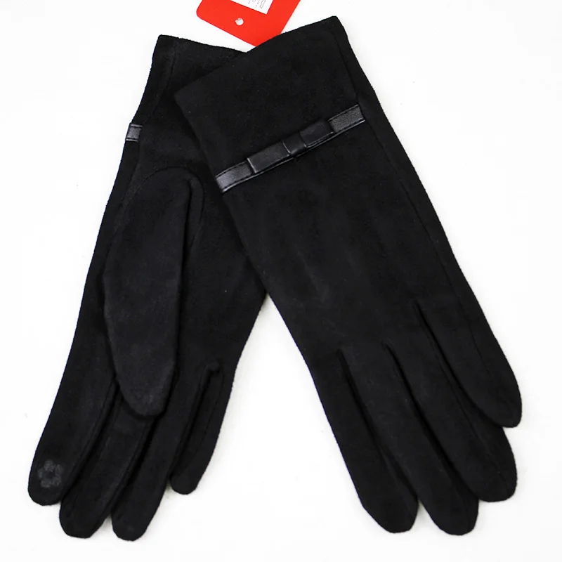 Guantes de punto de gamuza para mujer, manoplas elásticas finas para pantalla táctil, hechas a mano, color negro, primavera y otoño