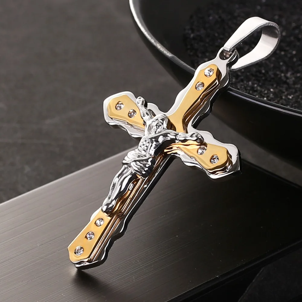 Christian Jesus Cross Crystal Pendant Necklaces Thick Link Byzantine Chain Stainless Steel Men Jewelry Colar Gift