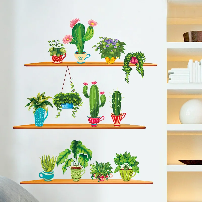Green Garden Plant Cactus Potted Flower Pot Set 3D DIY Wall Decals/Adhesive Family Wall Sticker Mural Art Bathroom Windows Decor