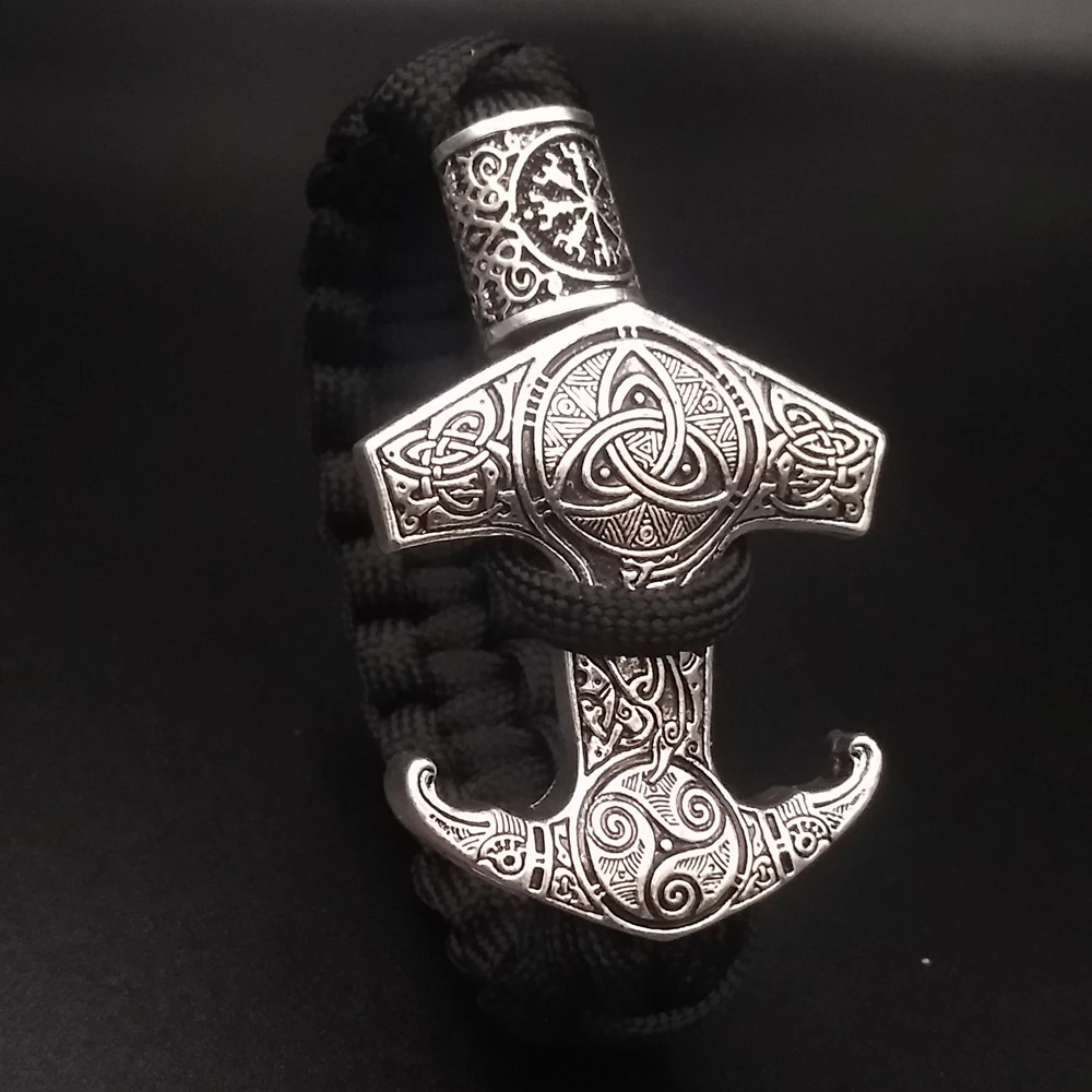 Thor Hammer Mjolnir Men Viking Bracelet with Valknut Vegvisir Rune beads Jewelry