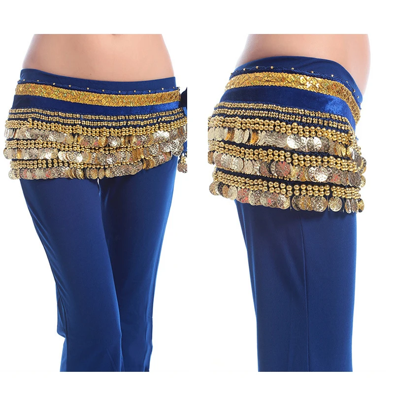 More Colors Women Dancewear Class Wear Hip Scarf 338 Coins Gold/Silver Adjustable Fit Velvet Belt with Small Beads