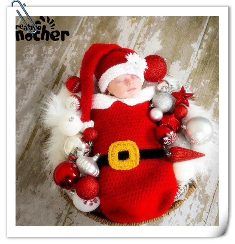 Crochet Baby Photography Props Accessories Christmas Baby Photography Clothing Infant Santa Hat+Bag Set Studio Baby Photo Props