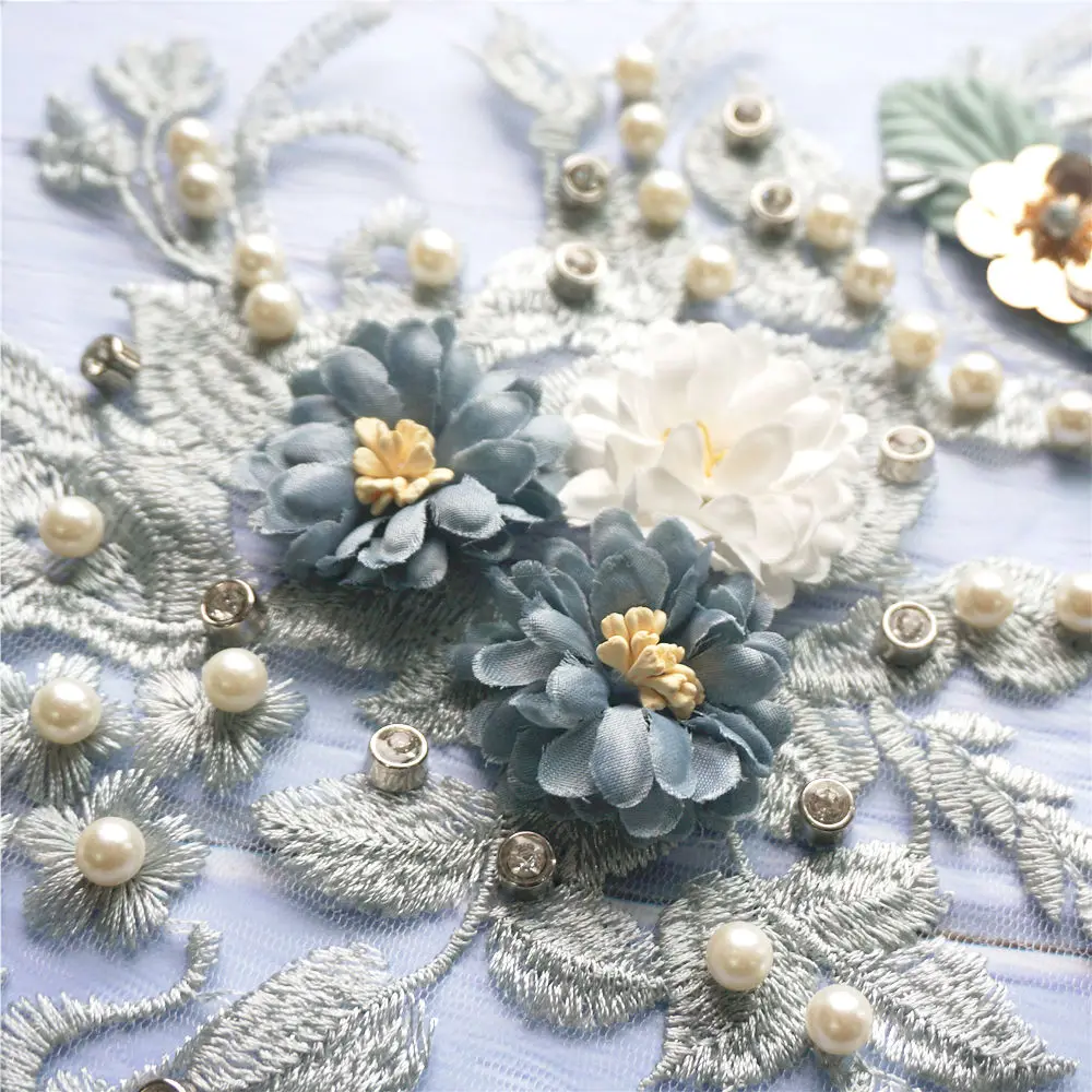 33CM Grey Fabric 3D Flowers Beads Rhinestone Sequins Appliques Lace Trims Embroidery Mesh Sew On Patches For Wedding Decoration