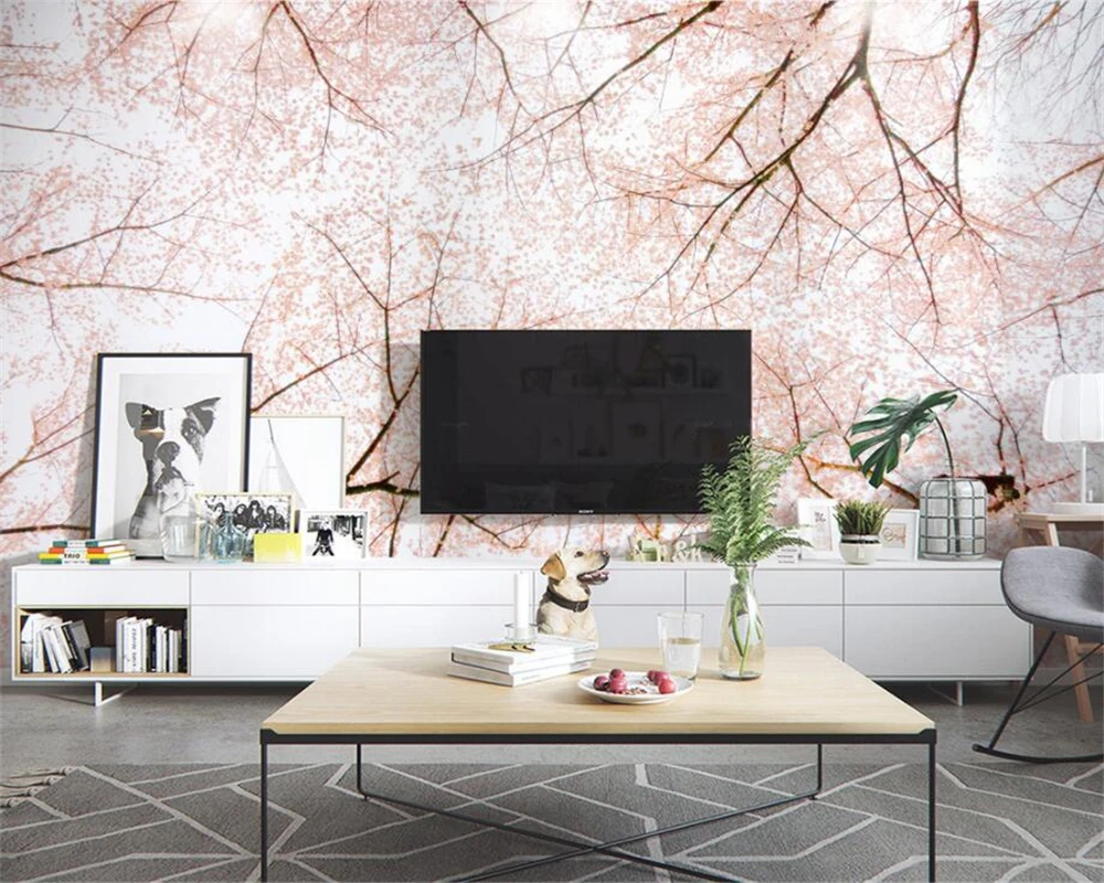 

beibehang Custom Wallpaper Home Decorative Fresco Nordic Wind Beautiful Sakura Trees Background Wallpaper Mural 3d wallpaper