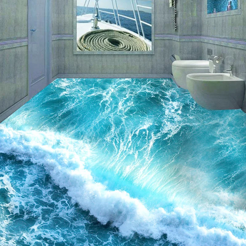 

3D Wallpaper Self-adhesive Custom 3D Photo Waterproof Wallpaper Beach Wave Stickers Ground 3D Floor Mural Wallpaper For Bathroom