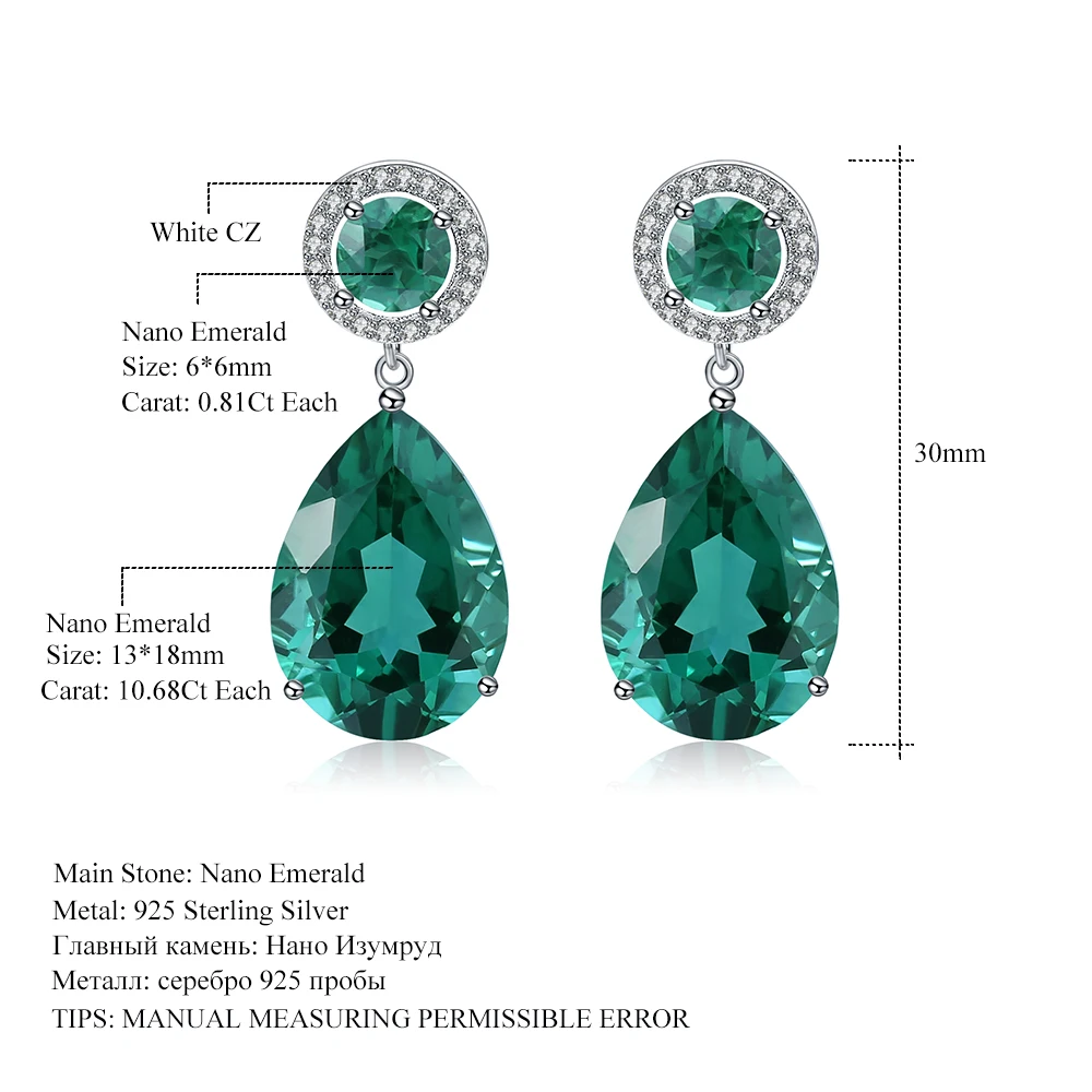 GEM\'S BALLET Classic 22.98Ct Green Nano Emerald Drop Earrings Solid 925 Sterling Silver Earring Fine Jewelry For Women