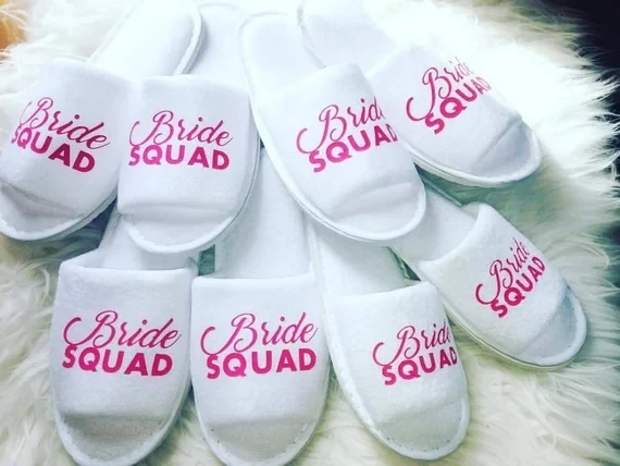 customize fushia bride squad wedding bridesmaid bride groom spa soft open toe slippers hen night Bachelorette party favors gifts