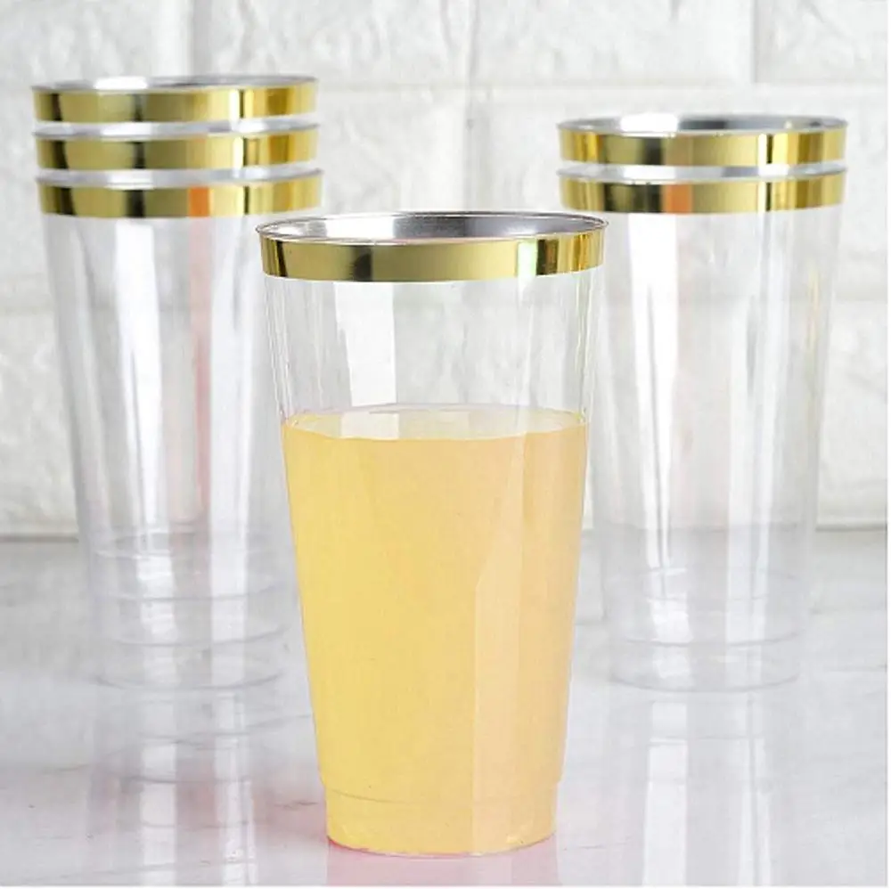 50/10pack 12oz Gold Plastic Cups -Premium Gold Rimmed Plastic Disposable Cups Tumblers for Elegant Weddings, Nice Celebrations