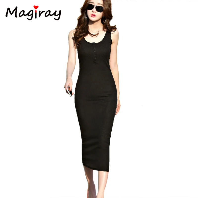 Magriay-longo vestido de malha de algodão para mulheres, regata sem mangas, botão, sexy, bodycon, festa, casual, elegante, preto, c389