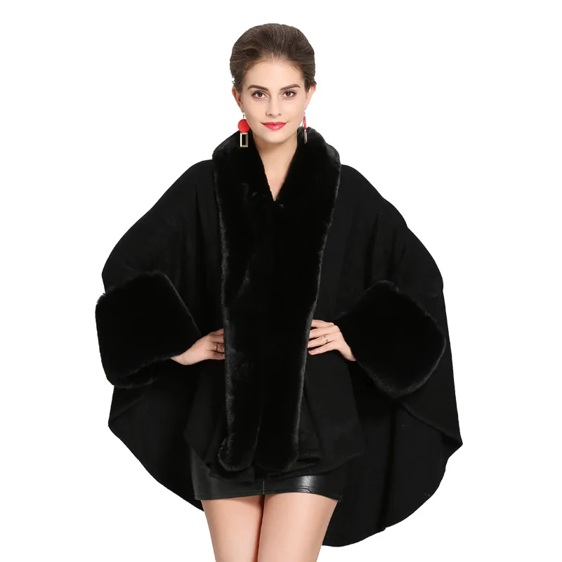 

11 Colors Long Faux Fox Fur Collar Poncho Cape Women Loose Cardigan Streetwear Winter Warm Thick Mantle Batwing Sleeves Cloak