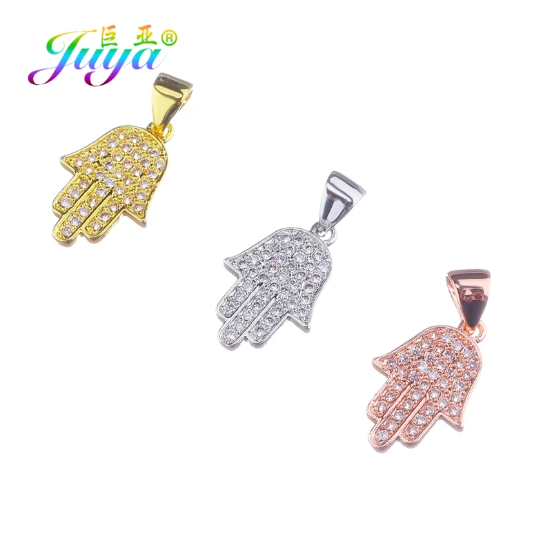 Juya DIY Amulets Bracelet Necklace Making Accessories Micro Pave Zircon Hamsa Hand Of Fatima Charm Pendants Supplis