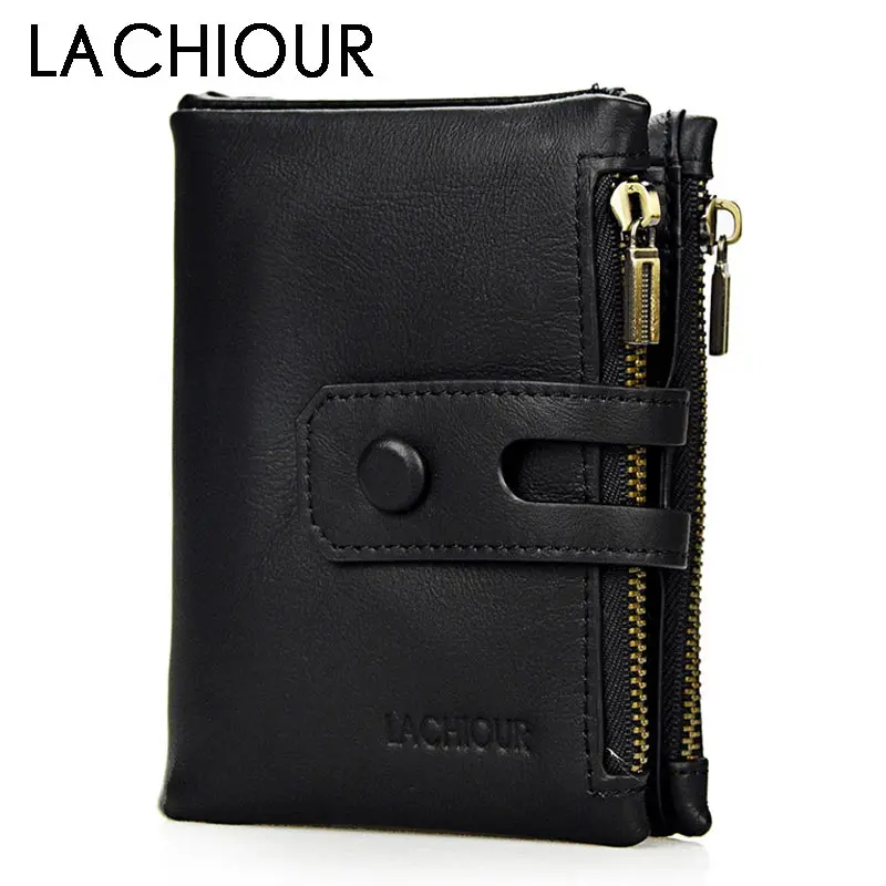 Lachiour Genuine Leather Men Wallets Coin Pocket Zipper Real Men\'s Leather Wallet with Coin High Quality Male Purse cartera