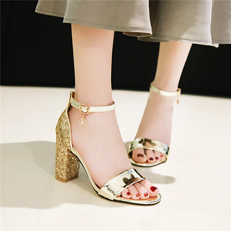 

YMECHIC Gold Silver Bling Crystal Sandals Block High Heels Shoes Fashion Summer 2024 Glitter Ankle Strap High Heel Sandals 43 42
