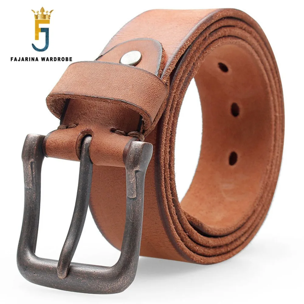 FAJARINA Top Quality Unique Retro Styles Pin Belts Jeans Mens Pure Green Real Geunine Leather Belt for Men 3.8cm Width N17FJ288