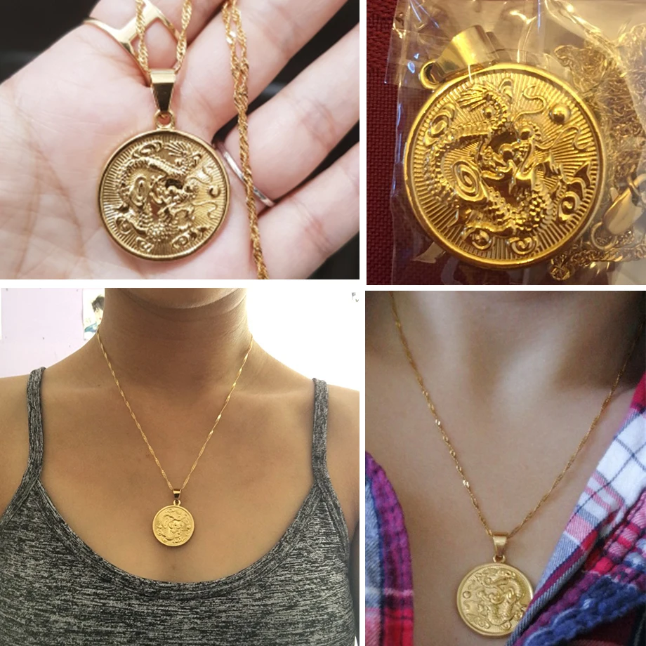 Vintage Jewelry Dragon Necklace Golden Trendy Biker Pendant & Chain For Men/Women Punk Gift Gold Color 19-25inch neclace