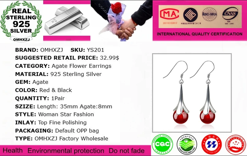 OMHXZJ Wholesale Jewelry Geometric Simple Fashion joker star for Woman Gift Agate Flower 925 Sterling Silver drop Earrings YS201