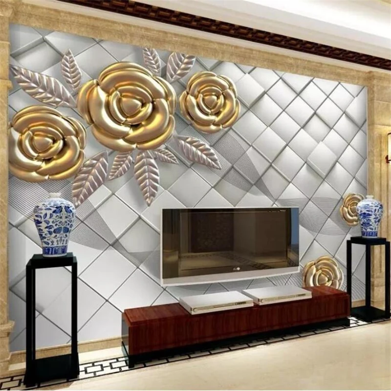 

wellyu Custom wallpaper papel de parede 3d photo murals living room bedroom wallpaper 3D cubes embossed golden rose wallpaper