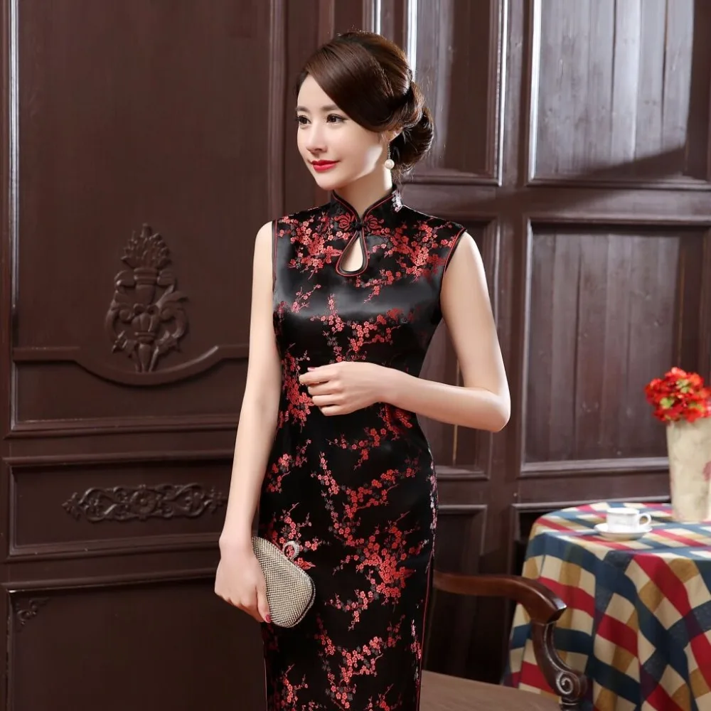 Preto Estilo Chinês Tradicional Vestido Qipao Longo Cheongsam Elegante Fino das Mulheres Roupas Tamanho S M L XL XXL XXXL j3038