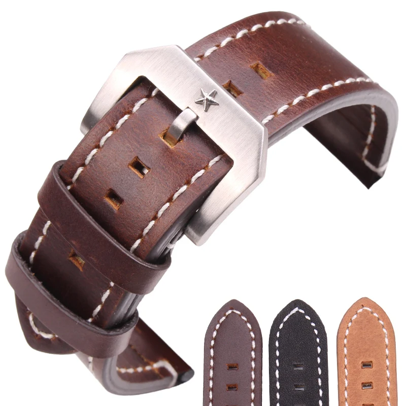 Cowhide Watchband Men Vintage Genuine Leather Black Dark Brown Watch Band Strap Wiht Stainlee Steel Pentagram Clasp 20mm 24mm