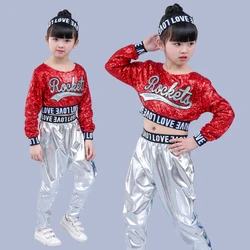 Red Girl Jazz Dance Children Sequin Hip Hop Dance Costume Sparkly Stage Jazz Dance Costumes Suit Girls Crop Top and Pants