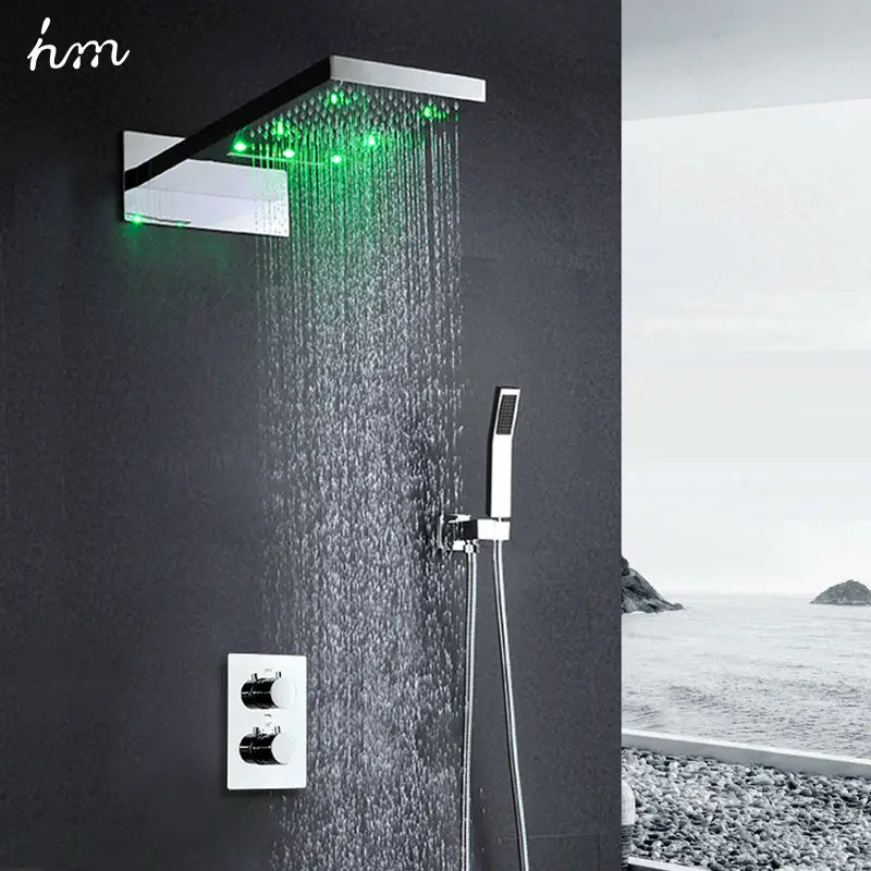 hm 22Inch LED Shower Set Wall Mounted Square Waterfall Shower Head Panel Thermostatic Mixer Valve Bathroom Rain Faucets System