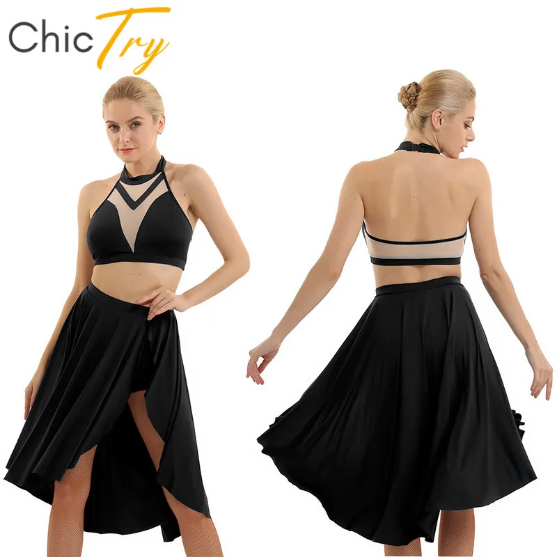 ChicTry Women Halter Backless Crop Tops with Ballet Tutu Asymmetrical Latin Dance Skirt Set Contemporary Lyrical Dance Costumes