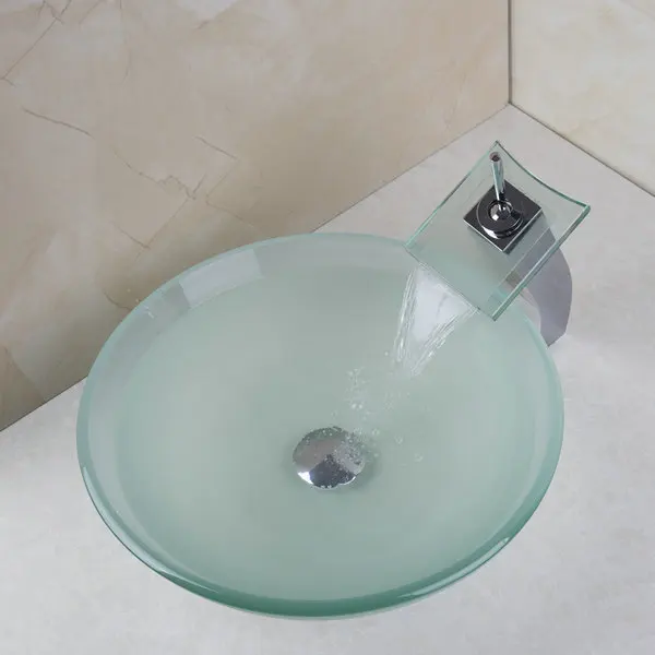 New Frosted Victory Glass Bowl,Sink,Wash Square Chrome Waterfall Faucet With Round Tempered Glass Bathroom Sink Set  40678221A