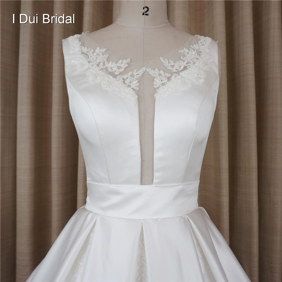 Wedding Dresses Illusion Tulle Lace Neckline Satin Elegant Lace Up Back Chapel Train Factory Custom Make Real Photo image 5