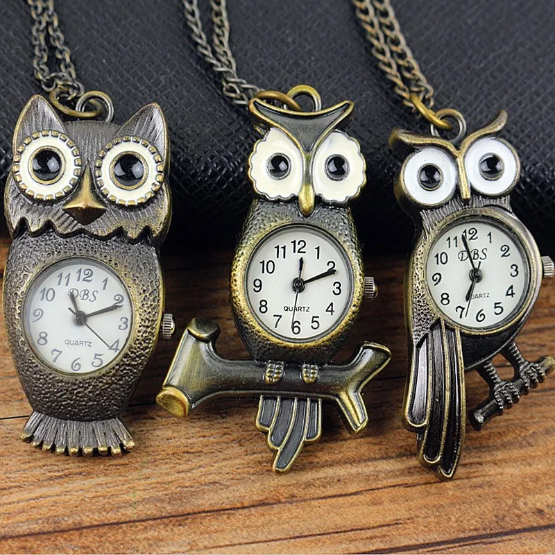 

NAZEYT Vintage Bronze Cute Owl Pocket Watch Fob Chain Necklace Pendant Hour clock For Men Women Animals Pocket Watches