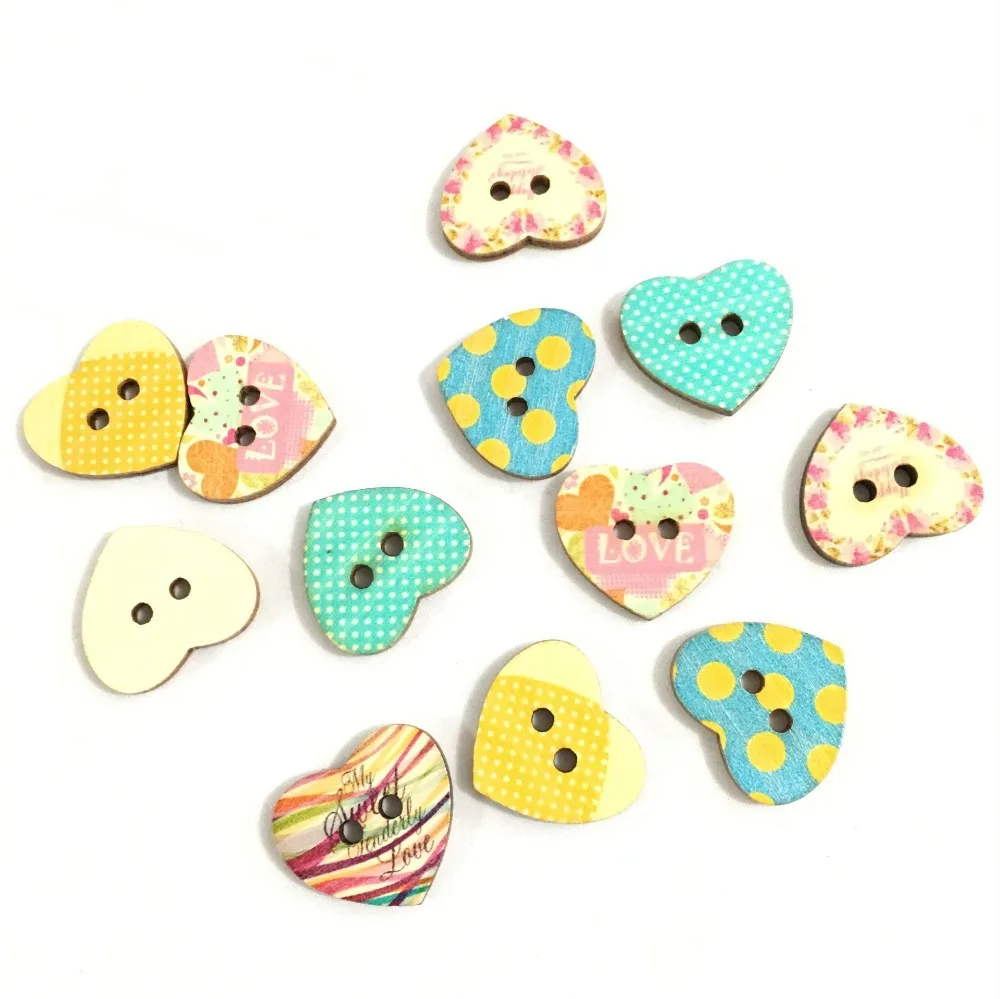 50 Pcs / Lot Mixed Multi Color Heart-Shaped Wood Buttons 2 Holes Fabrics Wooden Buttons DIY  7NK217