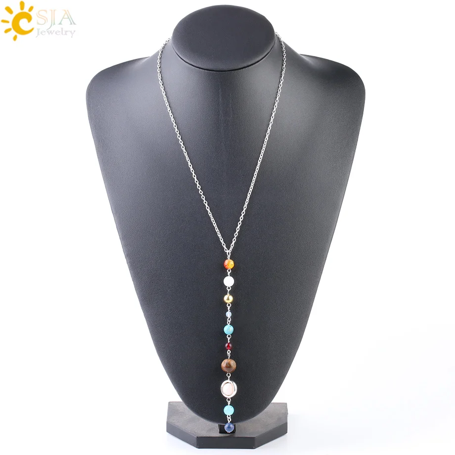 Galaxy Necklace for Man Universe Eight Planets Bead Stainless Steel Chain Natural Stone Solar System Long Necklaces Jewelry S239