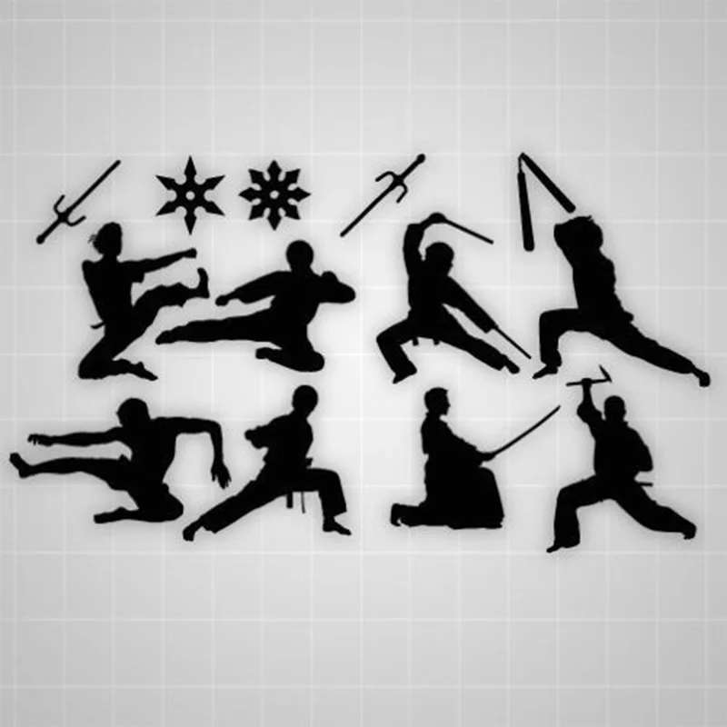 New Martial Arts room wall stickers Ninja silhouettes weapons vinyl room decals 13pcs