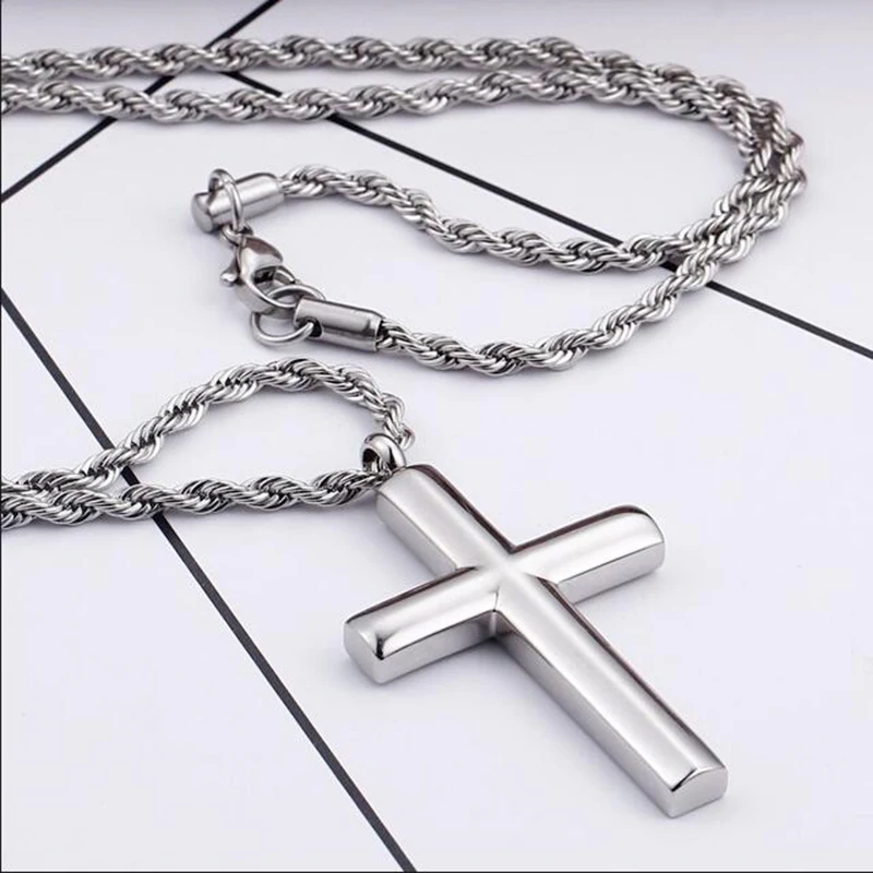 Punk Twist Rope Chain Cross Pendant Men Women Hiphop Gold Silver Color Polished Stainless Steel Cross Necklace Male Jewelry