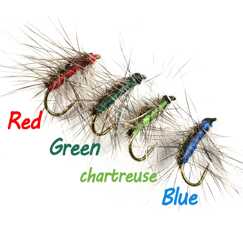Bimoo-moscas secas de pesca, Peacock Herl Back rojo, verde, Chartreuse, Color azul, 10 unidades, #12