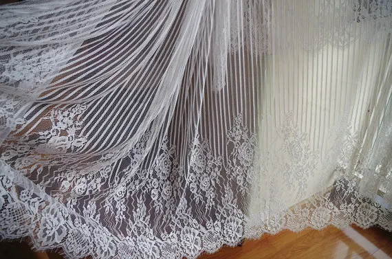 1 YARD Off White Chantilly Eyelash Lace Fabric With Scalloped Edge French Lace For Bridal Gown