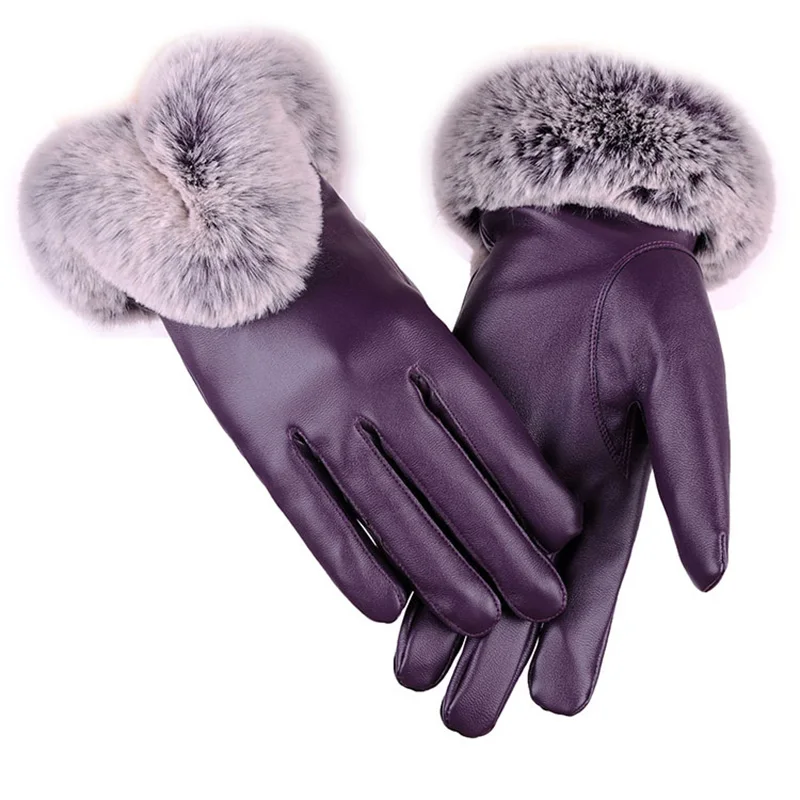 Winter Warm Touch Screen PU Leather Gloves Women Mittens Fashion Luxury Faux Fur Gants Female Leather Plush Luvas Skiing Thick